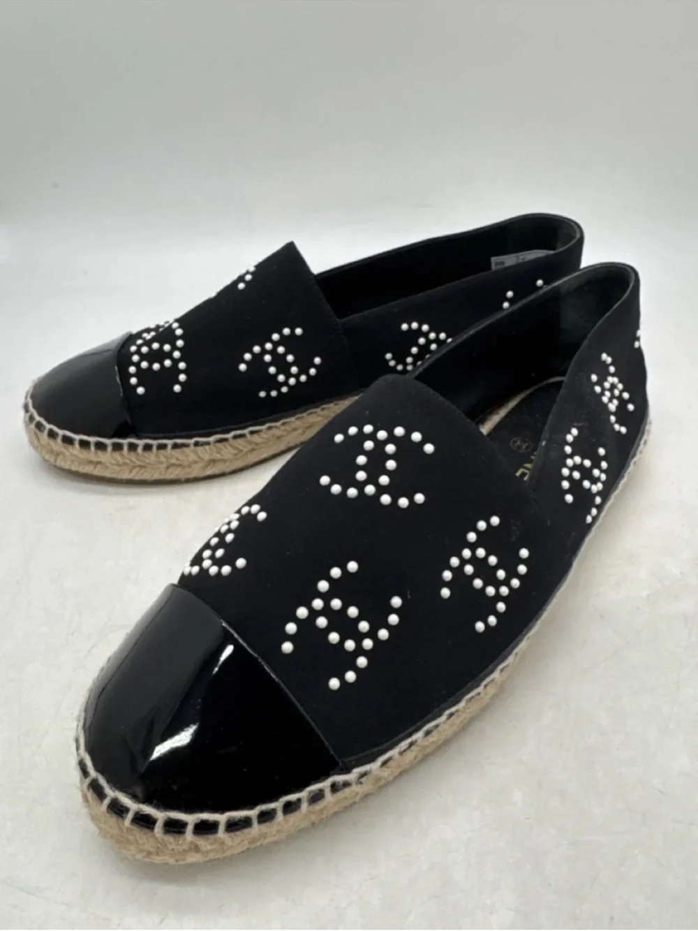 CHANEL Black Pearl-Embellished Patent Cap-Toe Espadrilles